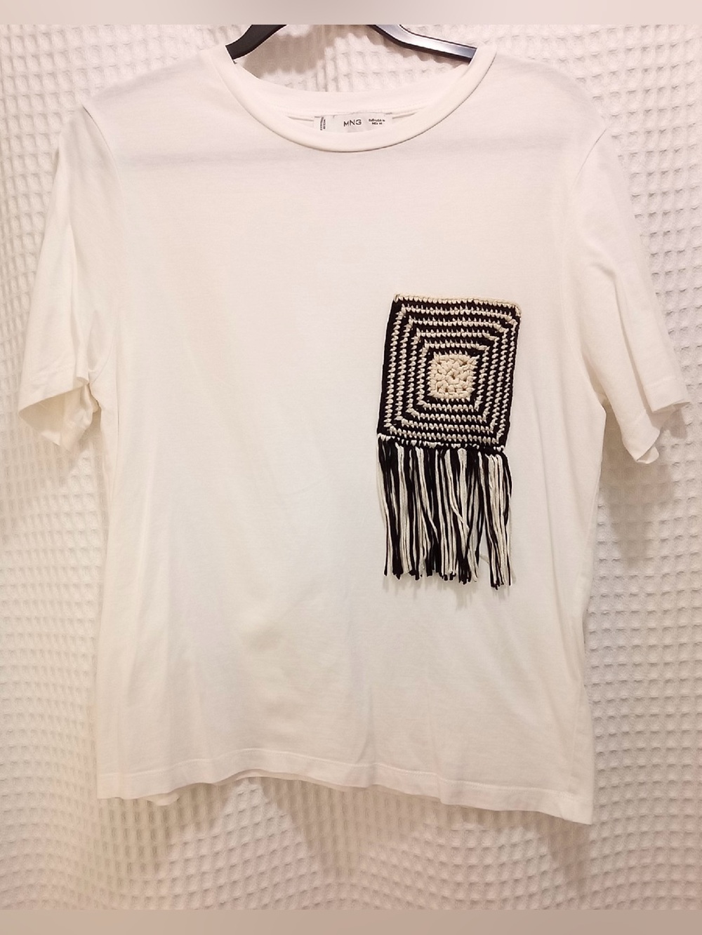 Mango White Short Sleeve Tee with Black-and-Cream Crochet Fringe Pocket